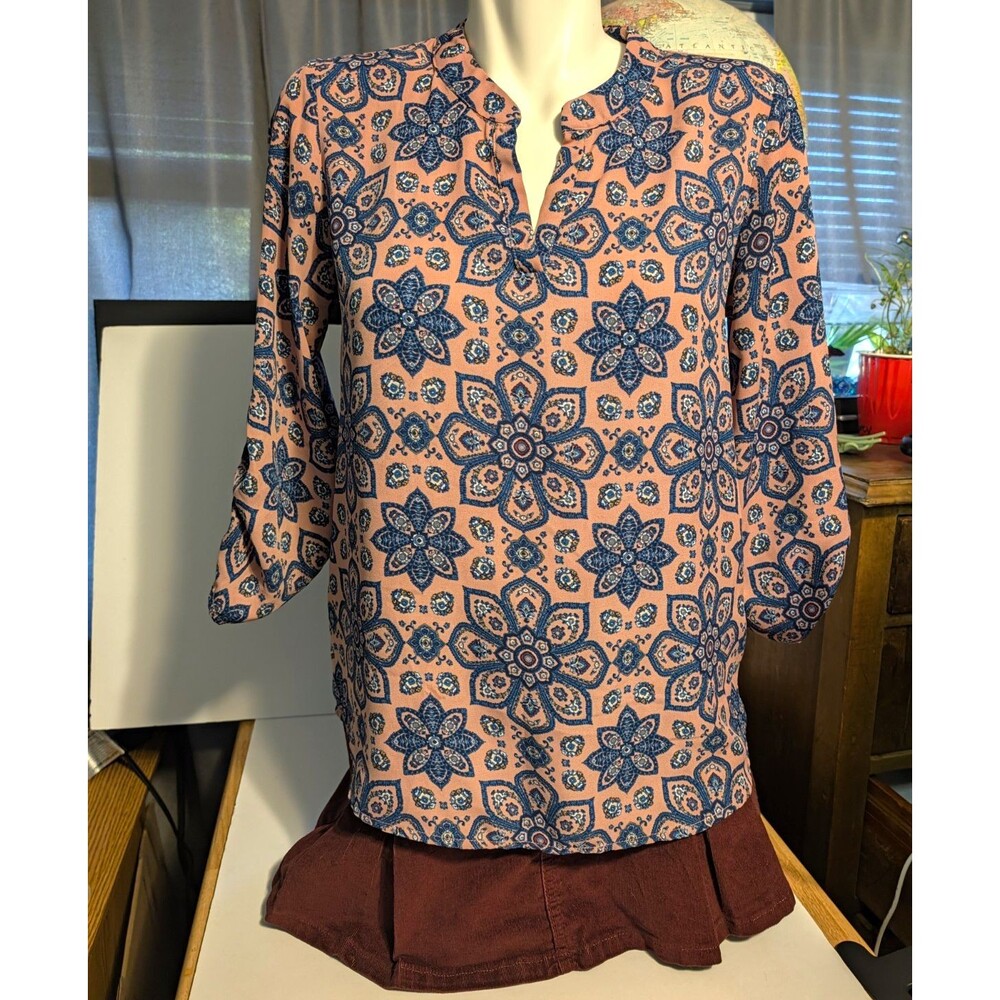 Pink Rose Women's Geometric Blouse Pink/Blue 3/4 Sleeve Pullover Size S